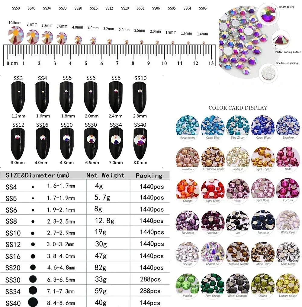 SS3-SS30 Hematite Gold Silver Glass 3D Nail Art Decorations Charms Flatback Rhinestones Non HotFix Glue Crystal Wedding Dress 75