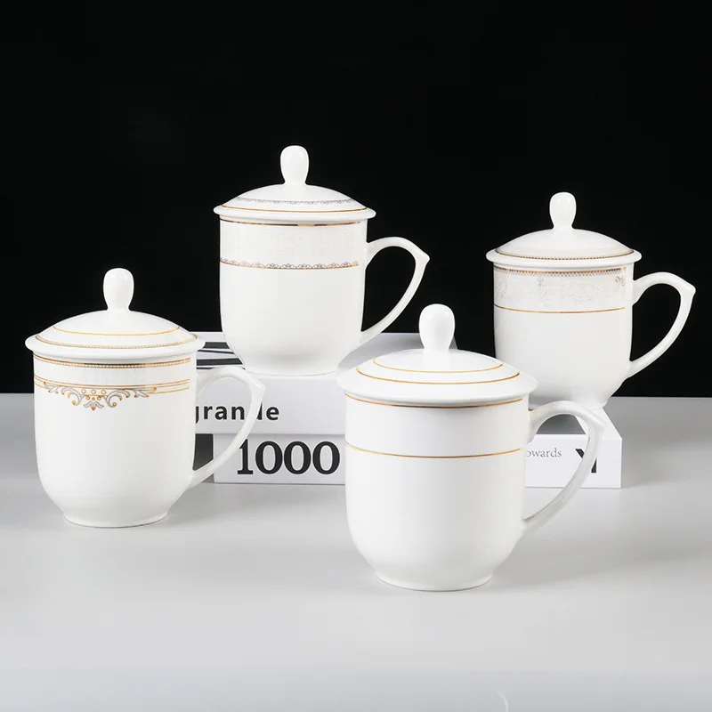 

High-end ceramic office tea cups, conference cups with LIDS, hotel bone China water cups and mugs