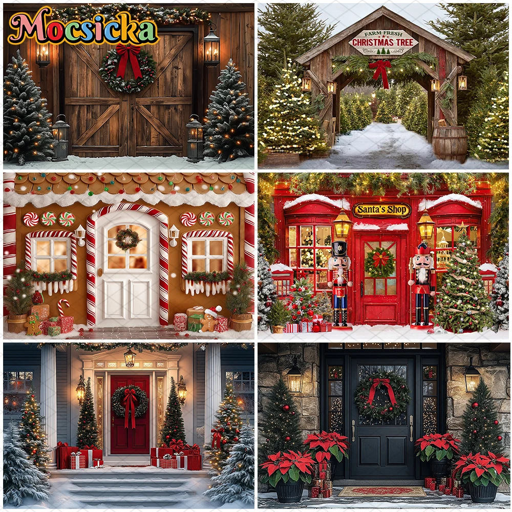 

Mocsicka Christmas Door Photography Background Xmas Tree Pattern Decorations Adult Children Photo Backdrops Holiday Party Banner