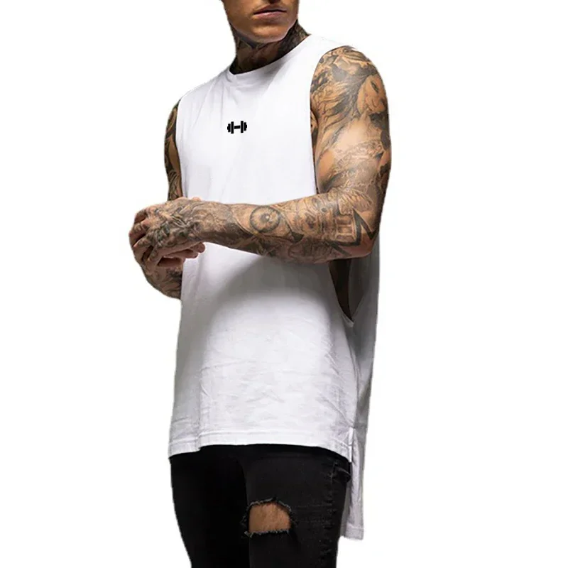 Gym Fitness Casual Vests Mens Running Extend Cut Off Tank Tops Workout Bodybuilding Clothing Open Side Sports Sleeveless Shirts
