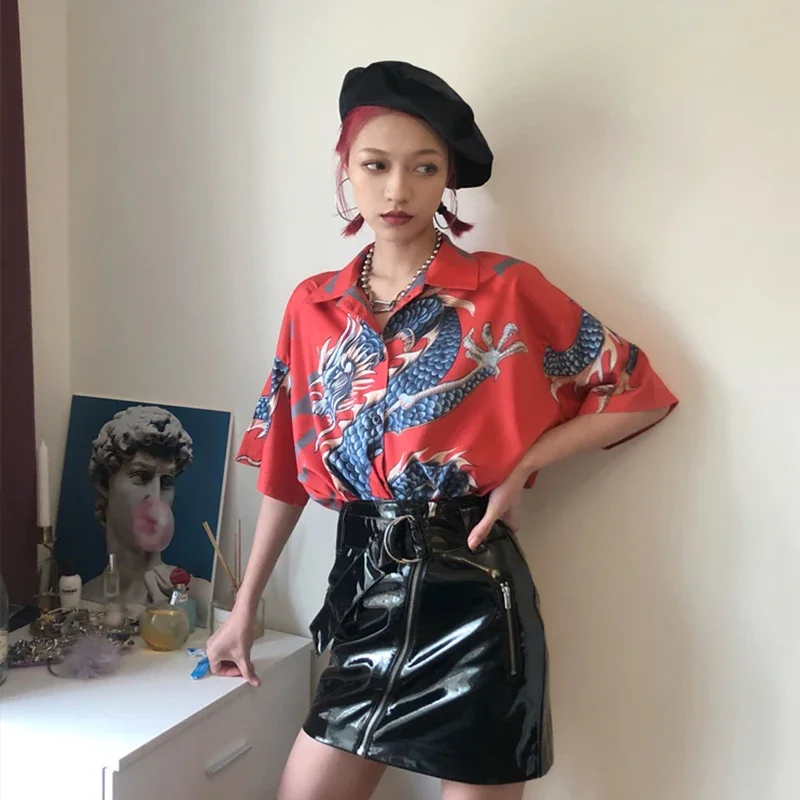 2023 Spring Summer Harajuku Women blouses BF oversize Fashion Streetwear Tops Brand design Dragon Print Short Sleeve Shirts