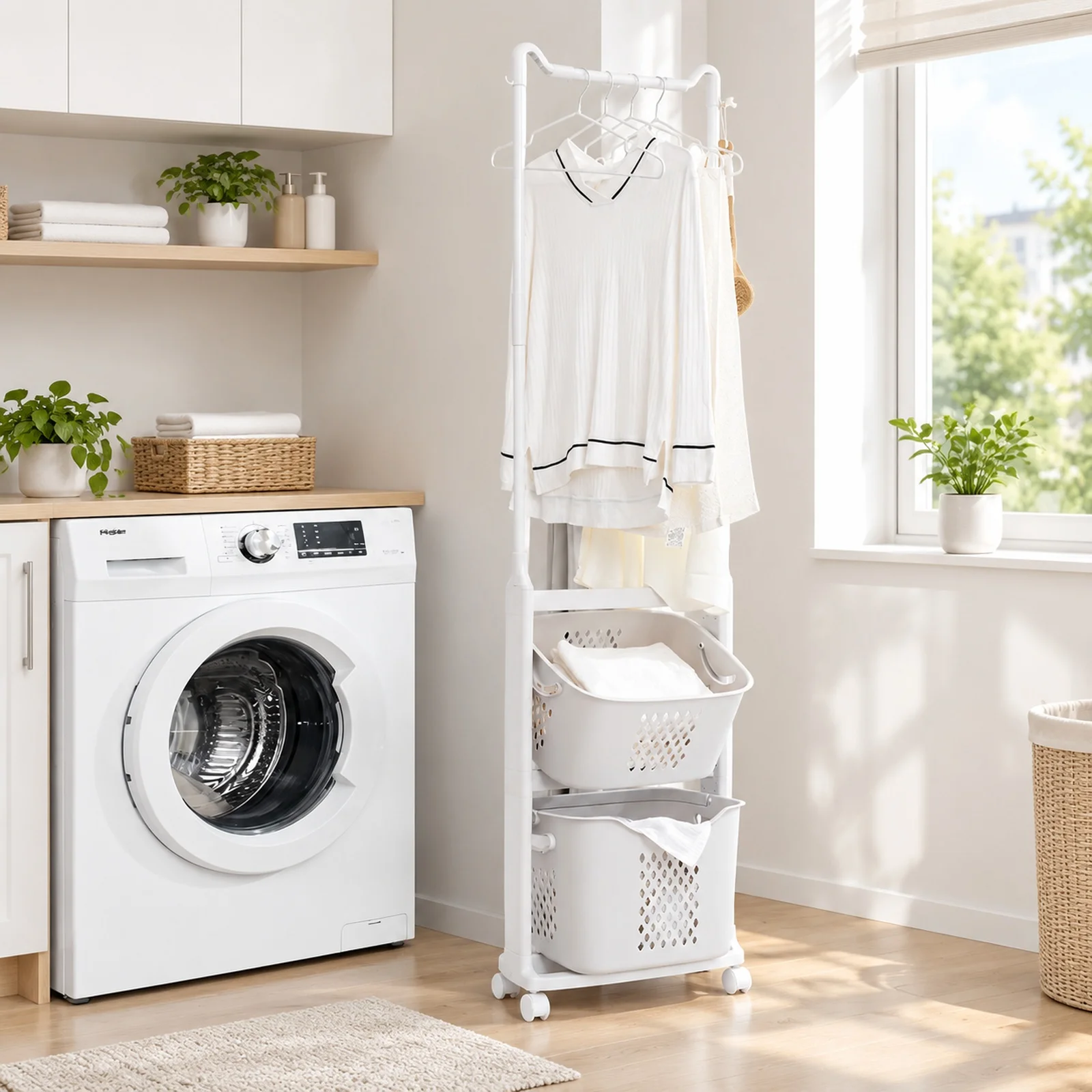 Laundry Hamper, 2 Tier Sorter with Hanging Bar and Removable Rolling Baskets, Stackable Storage Cart for Small Spaces and Dorm,