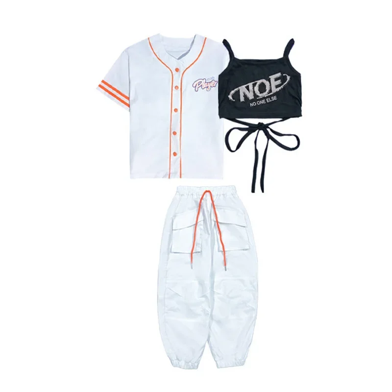 Enfant Kpop Hip Hop vêtements Baseball Cardigan petit haut blanc Streetwear Cargo survêtement pantalon Shorts pour fille garçon Jazz danse Costume