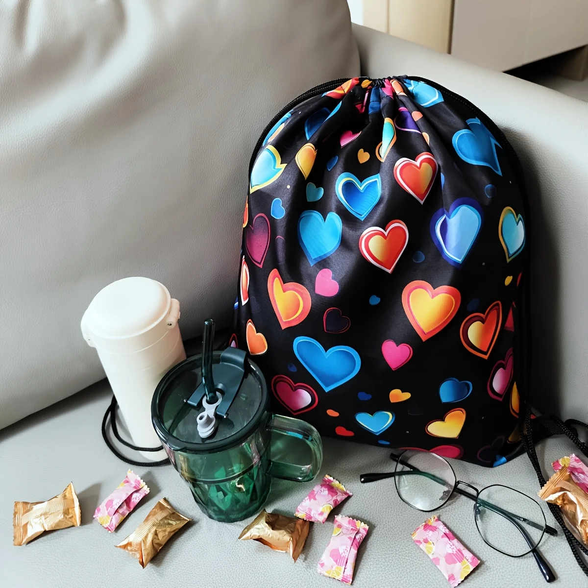Fashion Heart Print Drawstring Backpack, Lightweight & Durable, Travel Storage Bag
