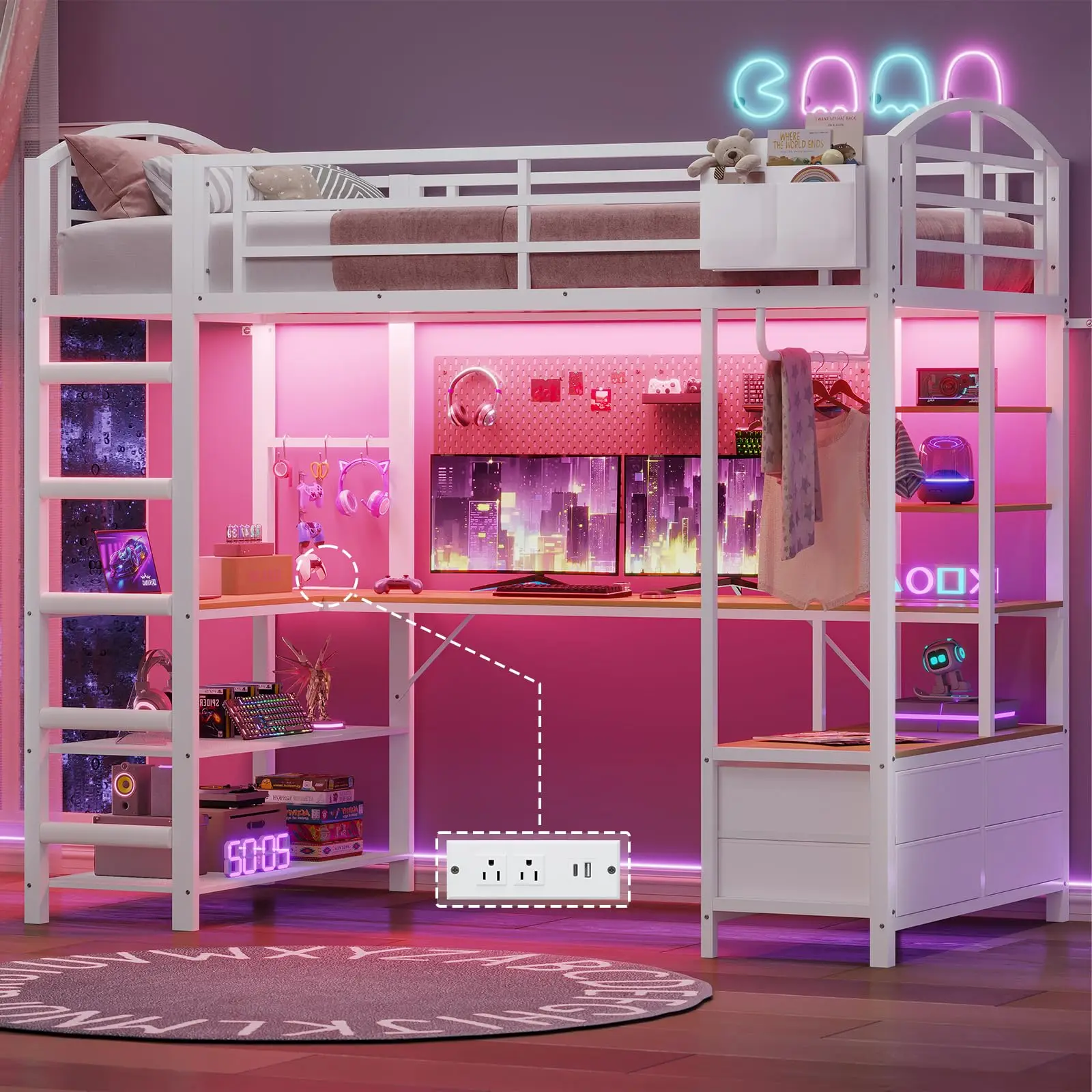Twin Size Gaming Loft Bed with Desk, 4 Fabric Drawers, RGB LED Lights & Under-Bed Play Zone with Soft Padded 2-Step