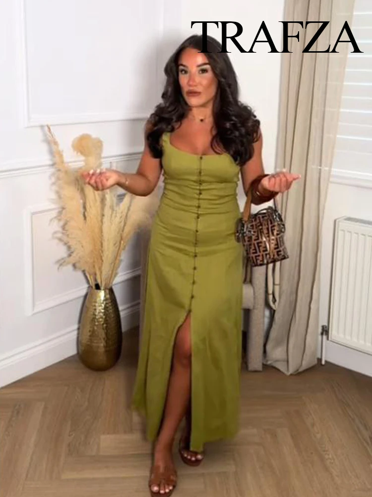 

HH Women Summer Fashion Single-breasted Square Collar Sleeveless Dress Female Beach Party Hem Slit Back Zipper Midi Dress