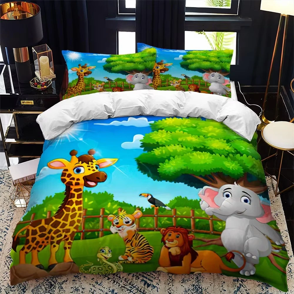 Funny Cartoon Duvet Cover Full King for Boys Girls Tree Leaf Zoo Animal Panda Giraffe Comforter Cover Jungle Animal Bedding Set