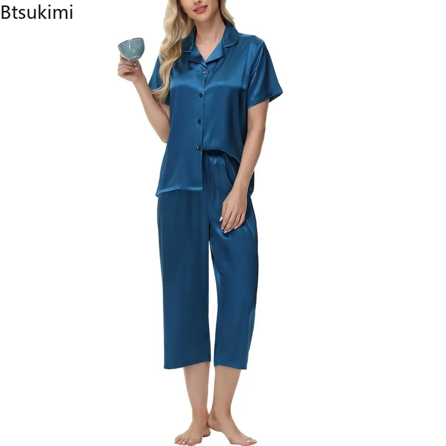 New Women Two-piece Pajama Set Elegant Ice Silk Pajama Set with Button-down Shirt Wide Trousers Homewear Casual Outfit Sleepwear