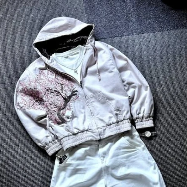 Harajuku Goth Y2k jas kersenbloesem zware industrie borduurwerk hoodies bloem boom patroon street style dames rits jassen