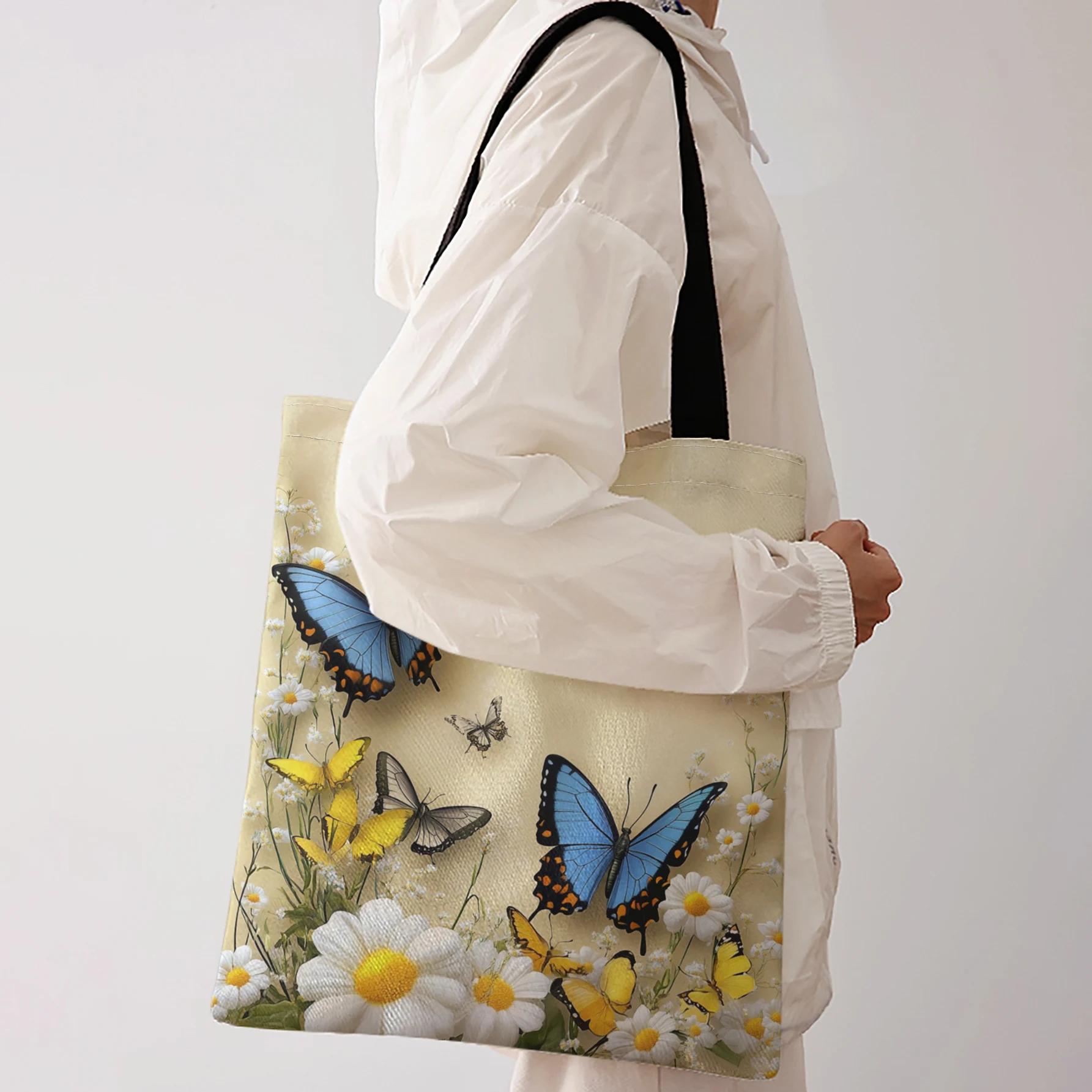 Butterfly And Daisy Print Tote Bag With Black Handles Large Shoulder Handbag For Shopping Daily Use