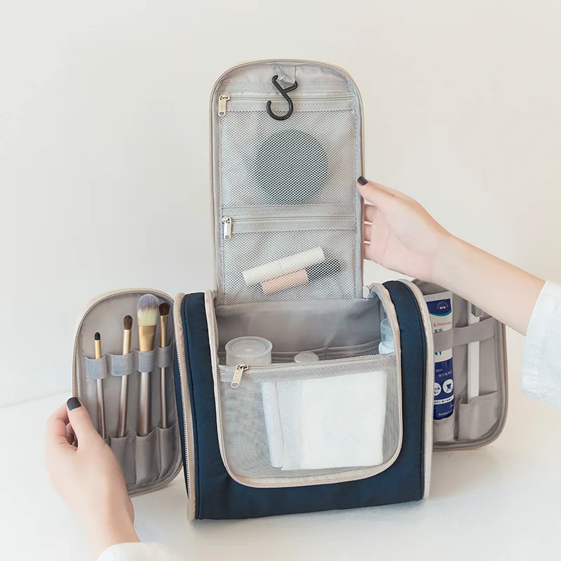 Portable thick polyester double-opening toiletry and makeup bag - Compact and large capacity travel hook storage bag