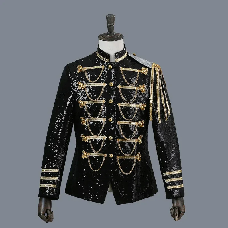 Abrigo de lentejuelas negro, chaqueta Steampunk con cuello levantado, chaqueta con diseño de flecos, traje para club nocturno, fiesta de graduación, traje de Rock, ropa de escenario azul