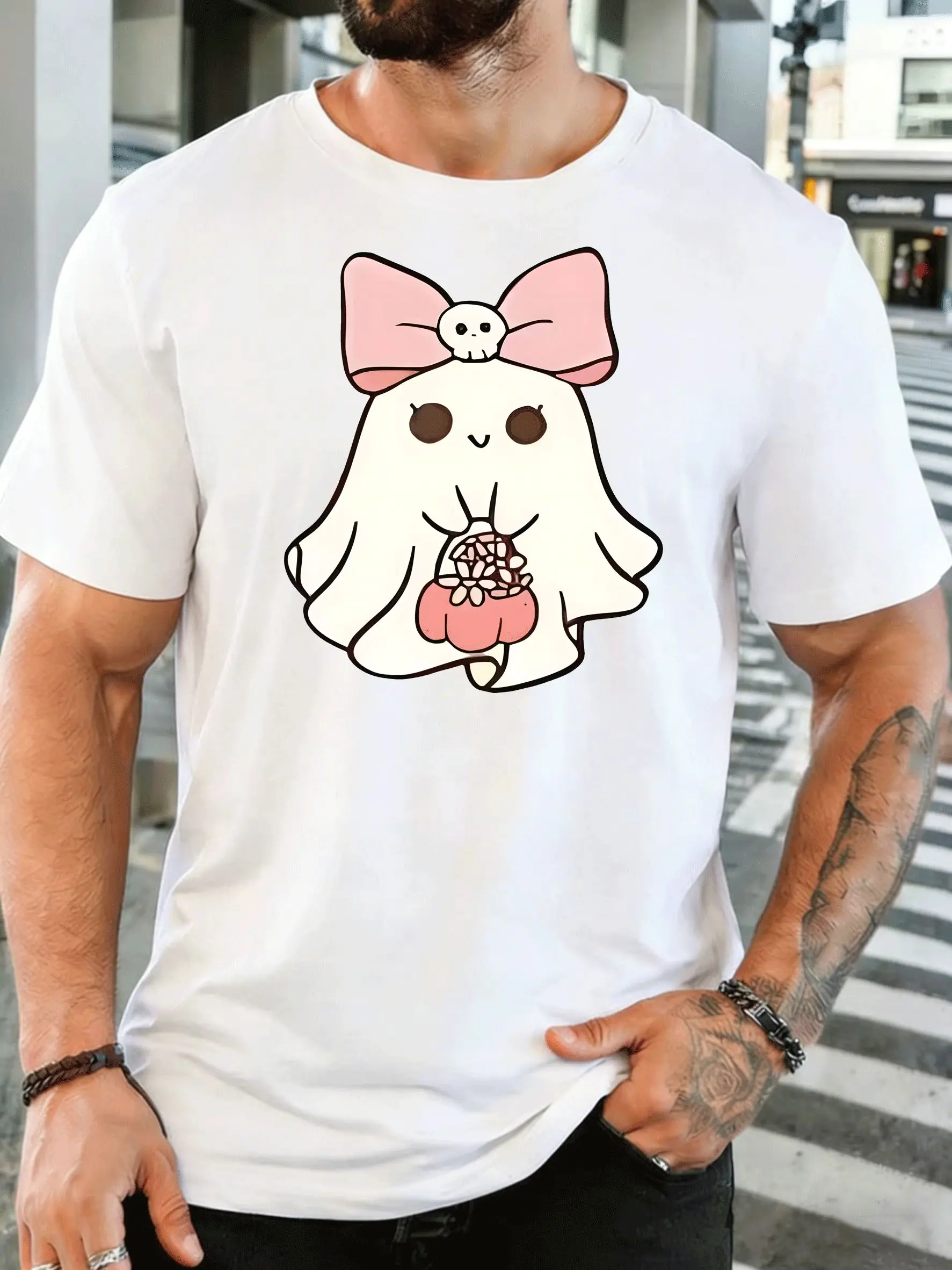 Men Short Sleeve T Shirt Cute Ghost Pink Bow Graphic Tee Halloween Print Tops Summer Soft Cotton Street Wear For Adult Male