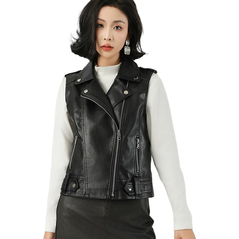 Fashion Suit Collar PU Leather Vest New Versatile Spot Delivery European American Zipper Design Style Women's Turn-down Jacket