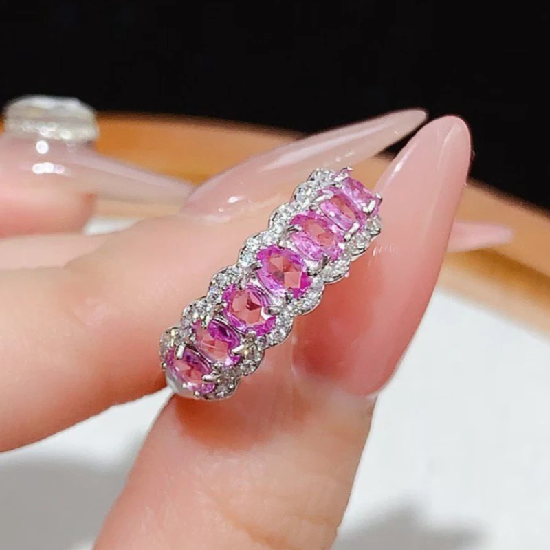 

Natural Pink Sapphire 925 Silver Ring for Women Elegant Eternity Band Gemstone Engagement Ring with Certificate Gift for Her
