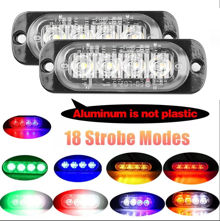 4 Led Car Signal Lamp Strobe Side Warning Light Grille Flashing Lightbar Beacon Lamp Amber Yellow White Traffic Light 12V - 24V