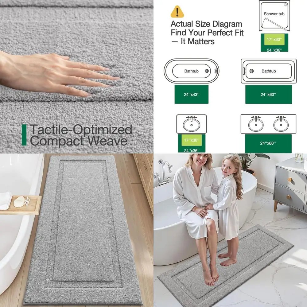 Large Plush Grey Bathroom Rugs - Non-Slip, Quick-Dry, Washable, 24x60