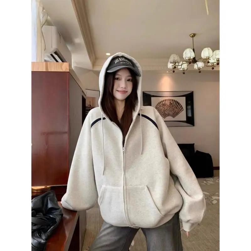 

Women's Design Detail Thickened Fleece Lined Open Front Cardigan Hoodie Jacket Loose Fit Streetwear Coat