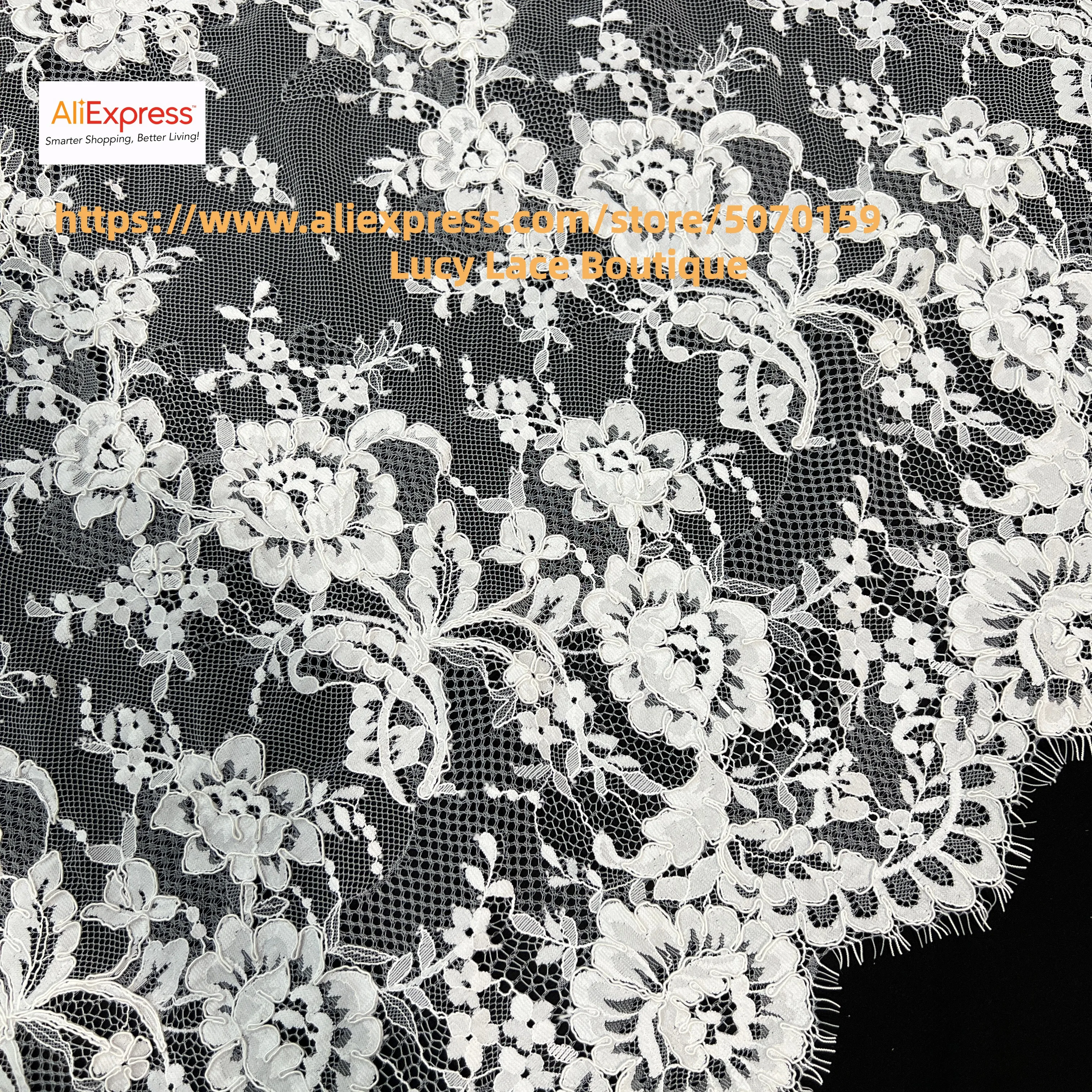 1.5M Wide 3M Long Border Line Exquisite Handcrafted Corded Lace Fabric Off White Eyelash French Lace Bridal Gown Lace J83117089