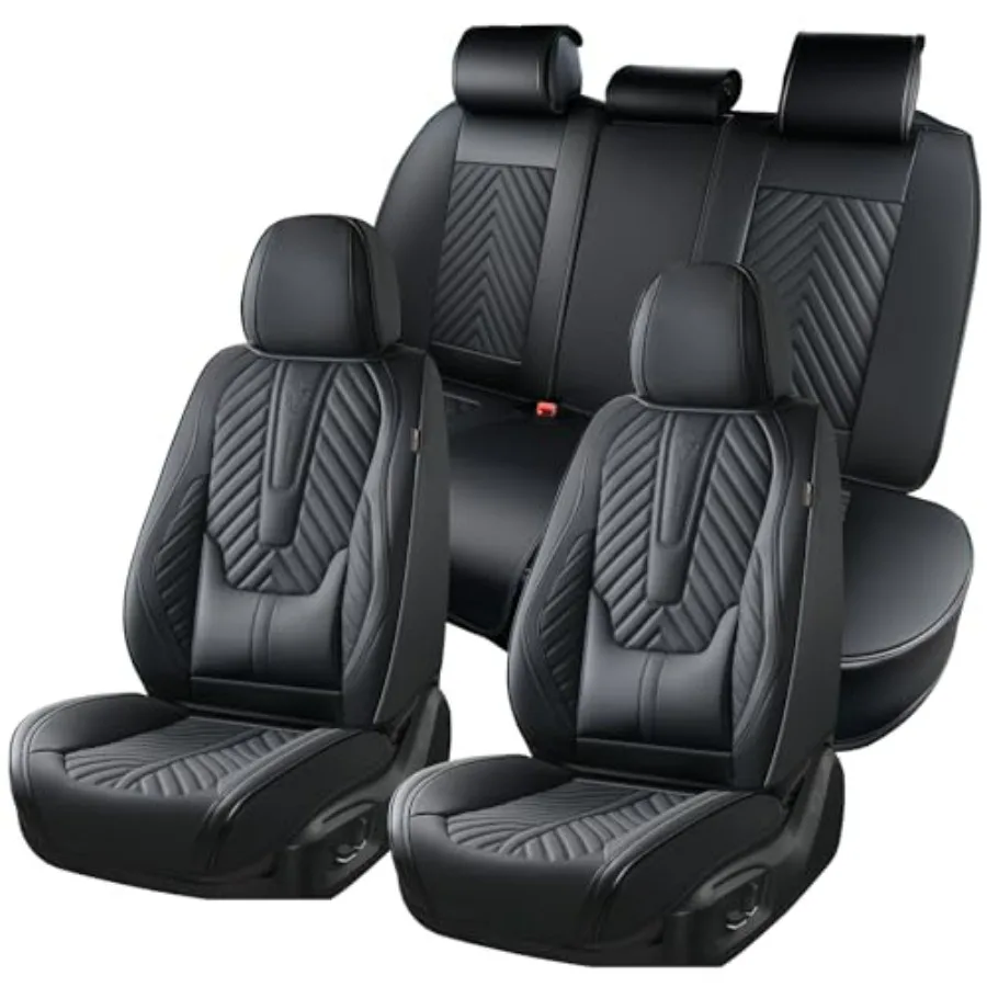 

Full Set Luxury Leather Car Seat Covers with Lumbar Support Waterproof Automotive Seat Protector Black Universal Fit for Most C