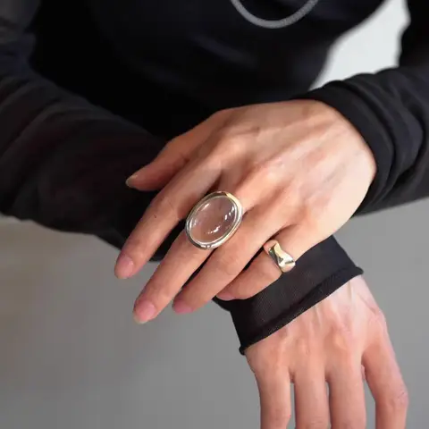 PANJBJ 925 ayar gümüş geometri kristal yüzük kadınlar için elips abartılı Punk su damlası açık takı hediye Dropshipping