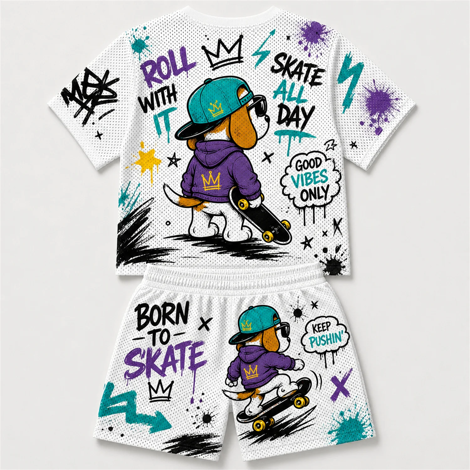 Skate Beagle Dog Graffiti Mesh T-shirt Shorts Set Kids Breathable Quick Dry Summer Two Piece Casual Outfit