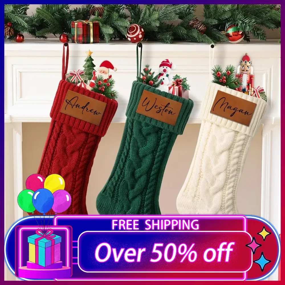 

Christmas Stockings 8 Pack Knitted Christmas Stockings with Name Tag Red Custom Xmas Stocking Fireplace Hanging Decoration Gifts