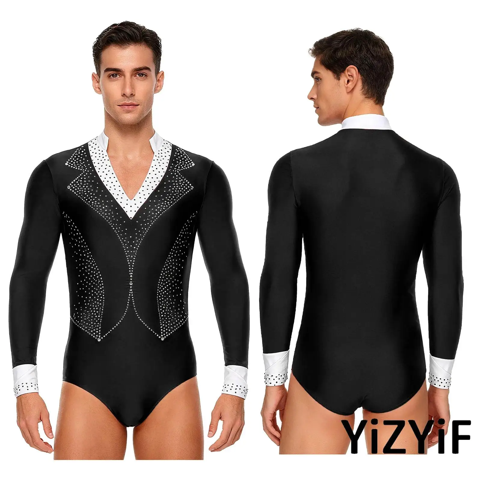 

Men's Gymnastics Ballet Latin Dance Costume V Neck Long Sleeve Openable Crotch Ballet Dance Leotard Rumba Chacha Latin Bodysuit