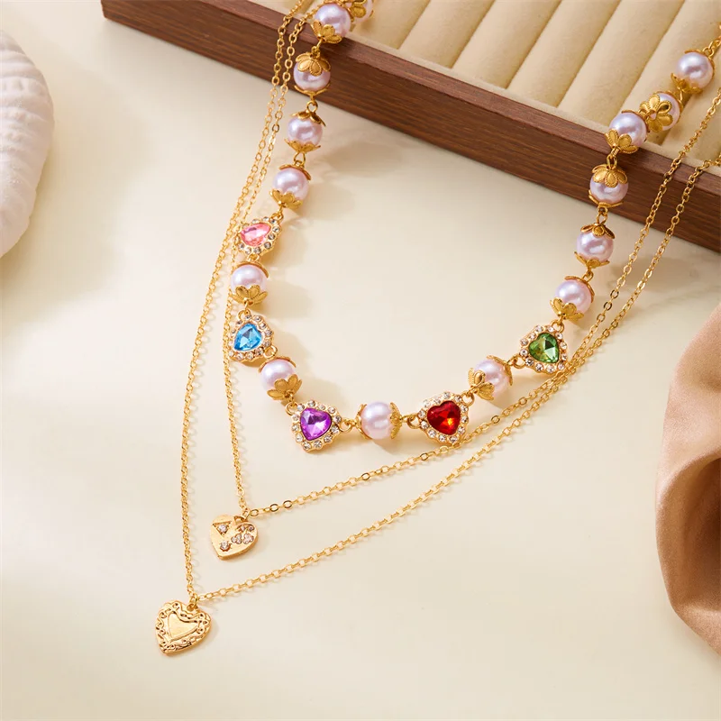 Elegant Imitation Pearl Beads Chain Necklace for Women Collar Wed Bridal Luxury Rhinestone Heart Choker Party Jewelry Gifts