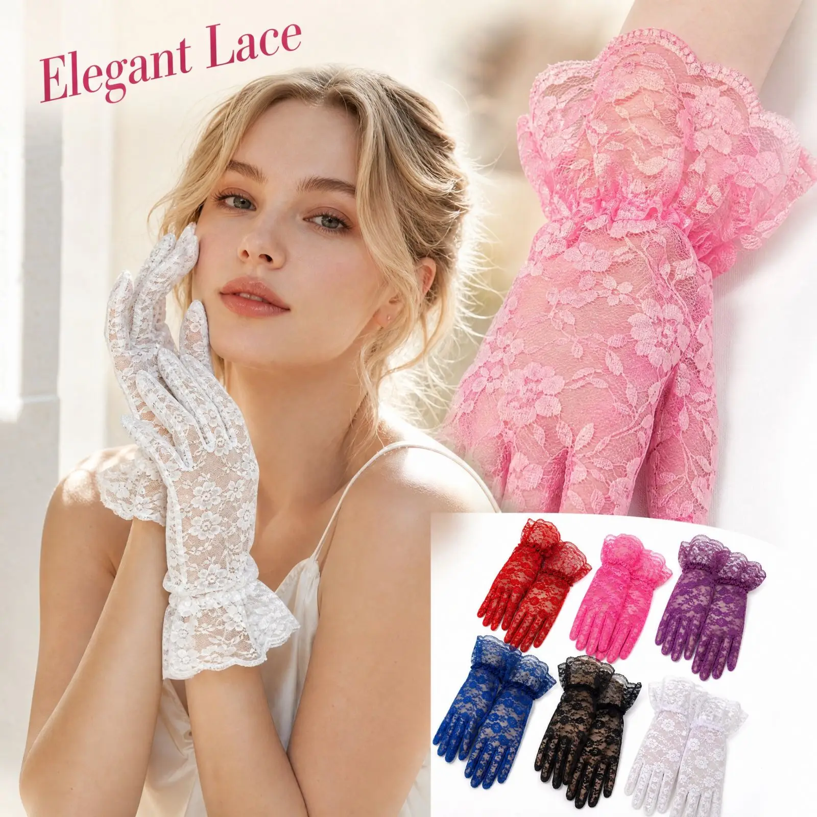 Women Short Lace Sunscreen Gloves Ladies Elegant Large Ruffle Edge Gloves Summer Driving Outdoor Sunscreen Gloves