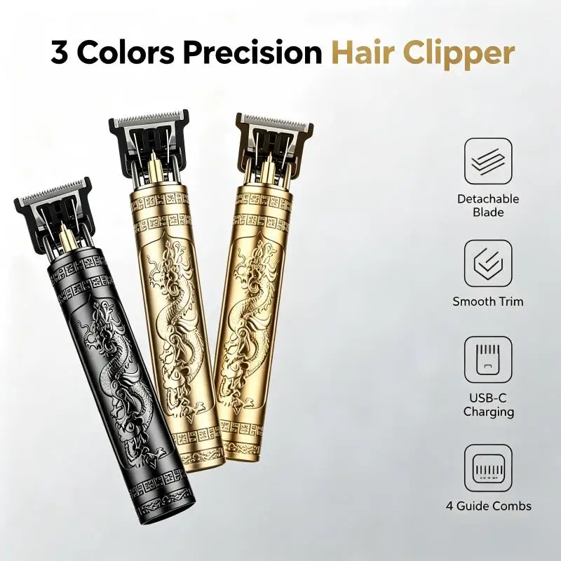 Vintage Dragon Embossed Hair Clipper USB Rechargeable T-Blade Hair Trimmer for Men Professional Barber Cutting with 4Guide Combs