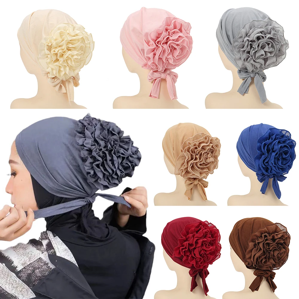 Woman New Fashion Pure Color Milk Silk Flower Hat Muslim Turban Lace Versatile Stretch Cap For Girls Headwear Wrap Head Turbante