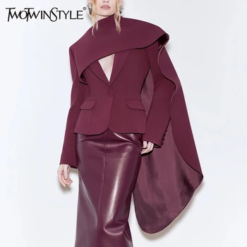 TWOTWINSTYLE 固体痩身ブレザー女性のためのスカーフ襟長袖チュニックパッチワークボタンエレガントなコート女性のファッション服