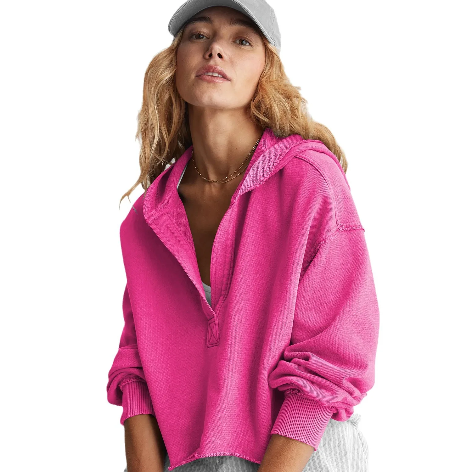 Fashion Loose Hooded Sweater Spring and Autumn European and American Women's Clothing V-neck Top Pullover Long-sleeved Shirt