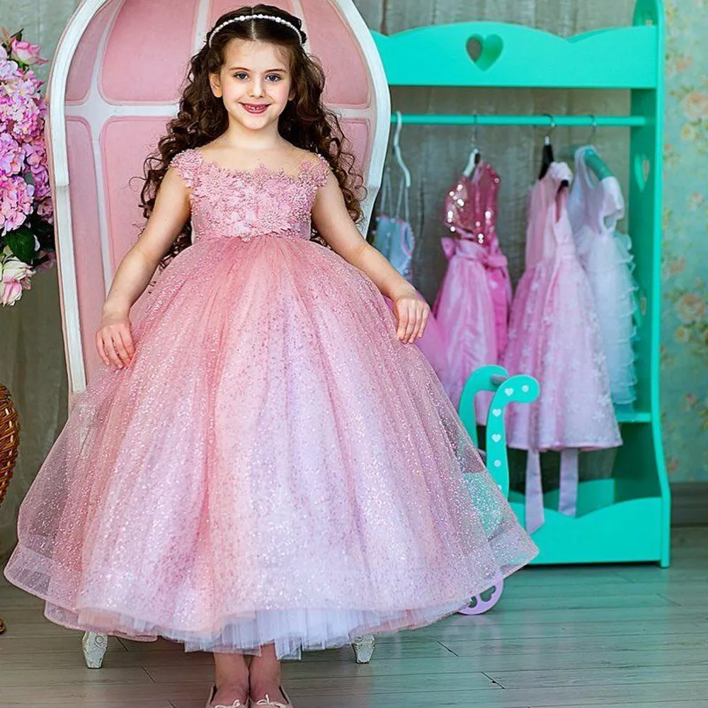 Gorgeous Lace Flower Girls Dresses For Wedding Sleeveless Tulle Ball Gown Beaded Cheap First Communion Kids Dress