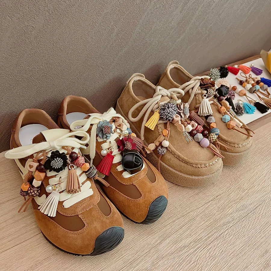 Brown-toned Wood Beaded Pendant Autumn Winter Maillard Tassel Shoe Buckles Accessories For Sports DE Training Shoes Casual Shoes
