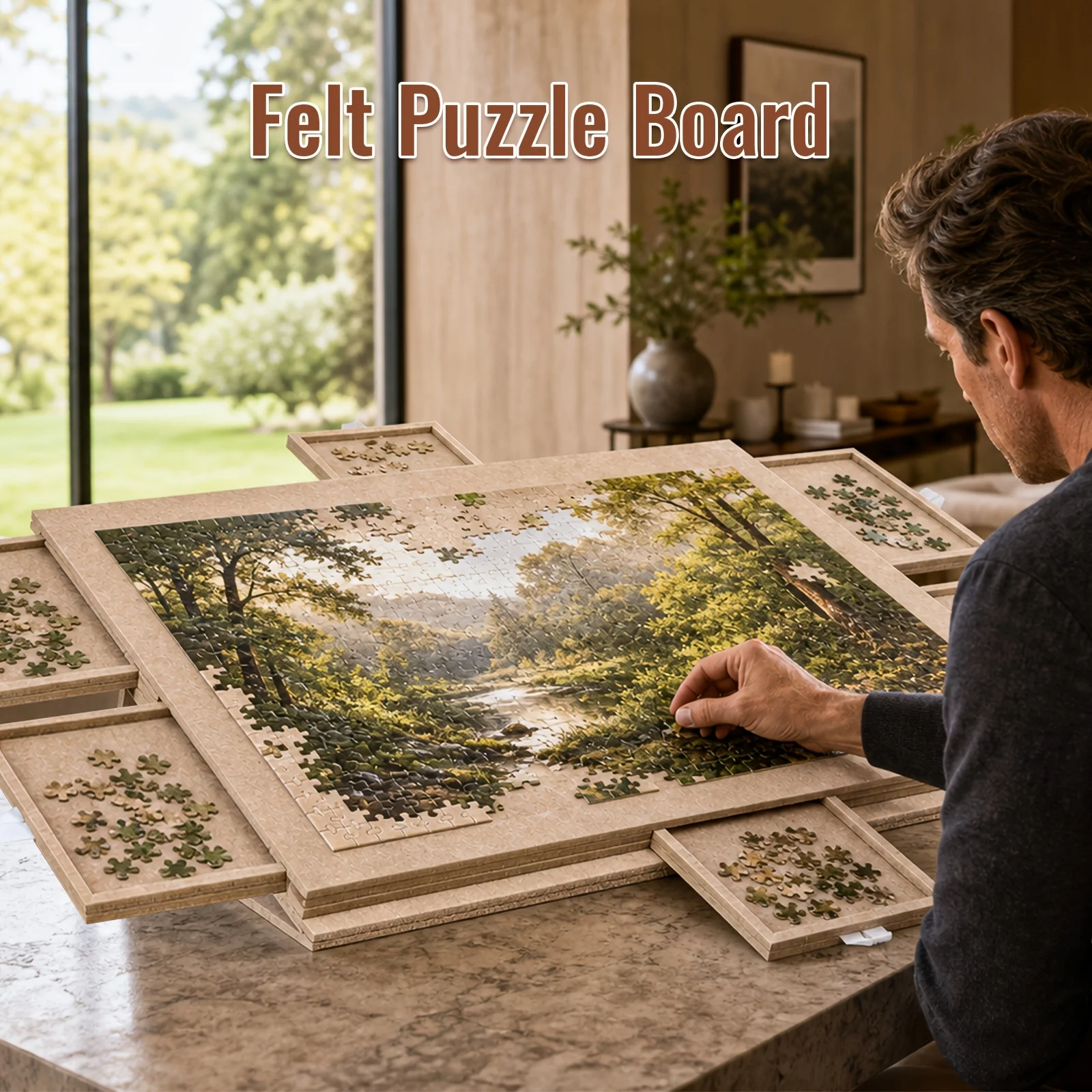 Portable Tiltable Jigsaw Puzzle Board 1000Pcs, Felt Puzzle Table with 6 Sorting Drawers, No Assembly Required,Only Puzzle Board