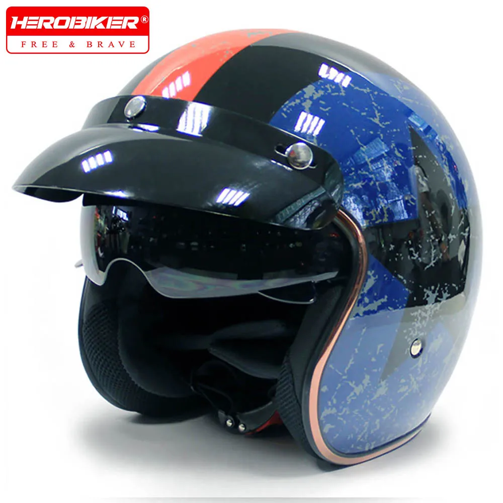 レトロ3-4オープンフェイスヘルメット、ビンテージ風バイクヘルメット、モジュール式ハーフフェイスヘルメット、男女兼用、四季対応