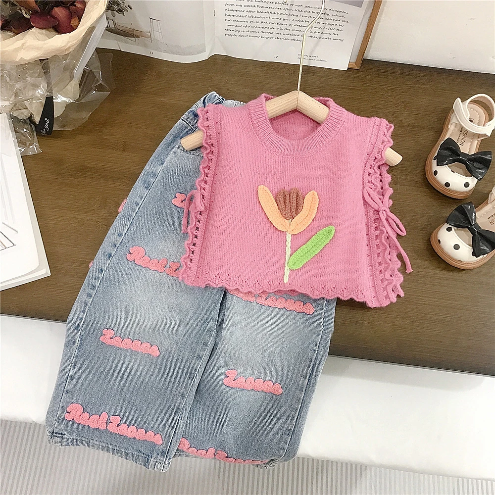 Girls\' Knitted Vest Autumn New Children\'s Korean O-neck Flower Lace-up Sleeveless Sweaters Embroidered Jeans 2 Piece Set