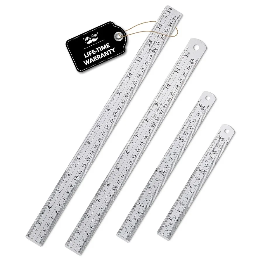 4-Pack Steel Rulers Set - 6/8/12/14 Inch Metal Rulers for School Office