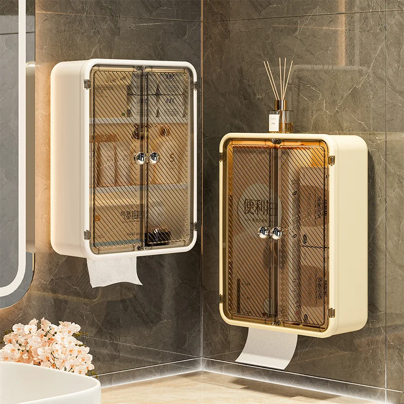 Wall-mounted tissue box for the bathroom, no drilling required, for storing toilet paper and facial tissues, large storage shelf