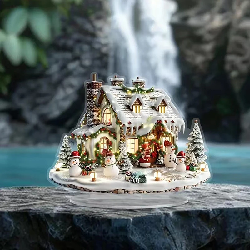 2D Flat Acrylic Christmas Desk Decor With Base Snowman House Rotating Carousel Design Indoor/Outdoor Home Office Decoration