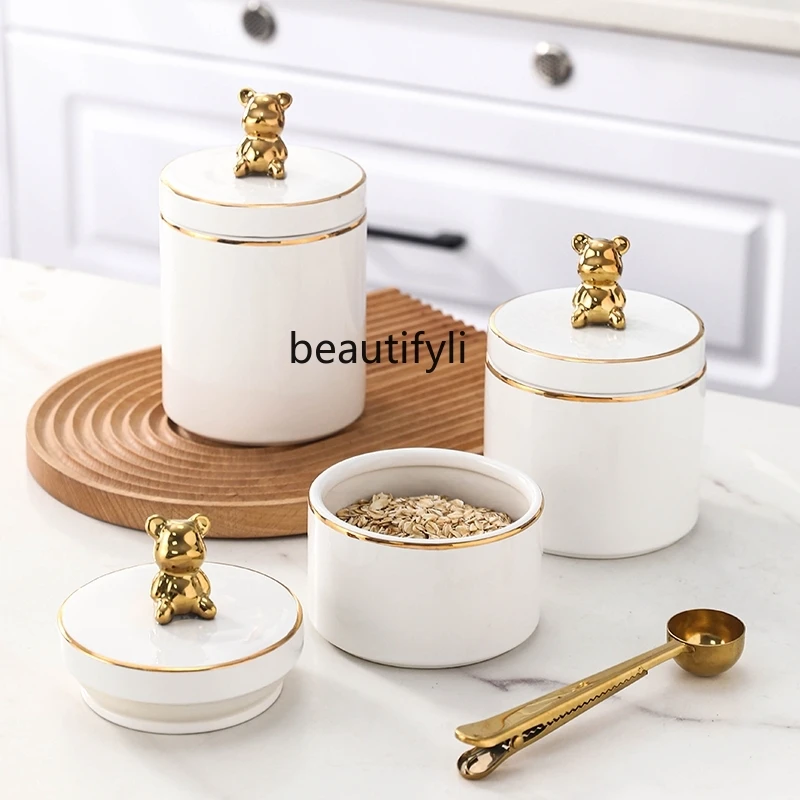 yj Sealed Jar Light Luxury Kitchen Ceramic Storage Jar Cereals Snack Dry Goods Tea Coffee Storage Box