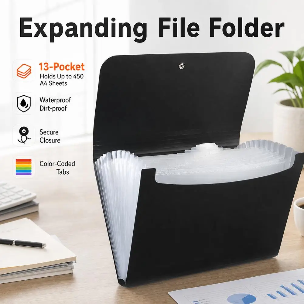 13 Pocket Rainbow Expanding File Folder Waterproof Cover Secure Buckle For Office School Document Storage Office Supplies