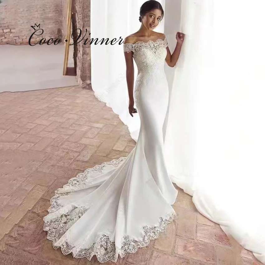 ที่กําหนดเองปิดไหล่ง่ายชุดเดรสเมอร์เมด 2025 แขนสั้น Sweep Train ลูกไม้ Appliques แต่งงานชุดเจ้าสาว W1229