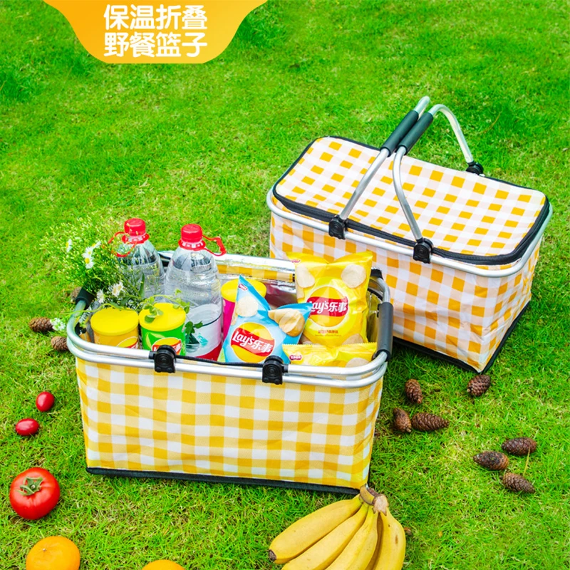 Outdoor Thermal Bag Portable Insulated Folding Oxford Alloy Frame Large Capacity Thickened Aluminum Foil Ice Pack Picnic Basket