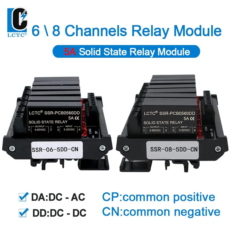 6/8 Channels 5A DIN Rail Mounted SSR Common Posivitive/Negative Solid State Relay Module 5DA 5DD