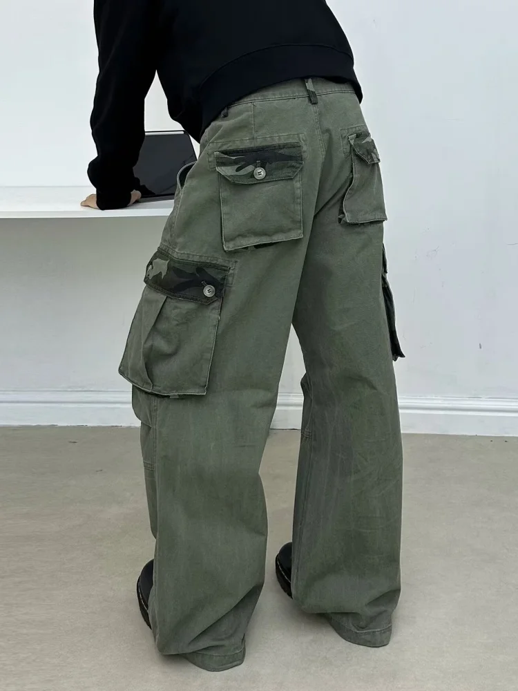 2026 Cyber Y2K Style Camouflage Patchwork Vintage Green Baggy Jeans Pants For Men Clothing Straight Multi Pockets Long Trousers