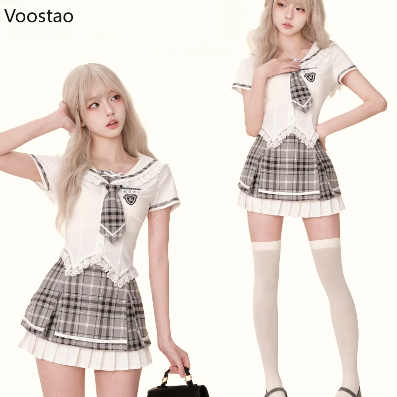 Preppy Style Sweet Lolita Two Piece Set Women Cute Sailor Collar Blouses Tops Mini Plaid Skirts Suit Female Korean Y2k Outfits