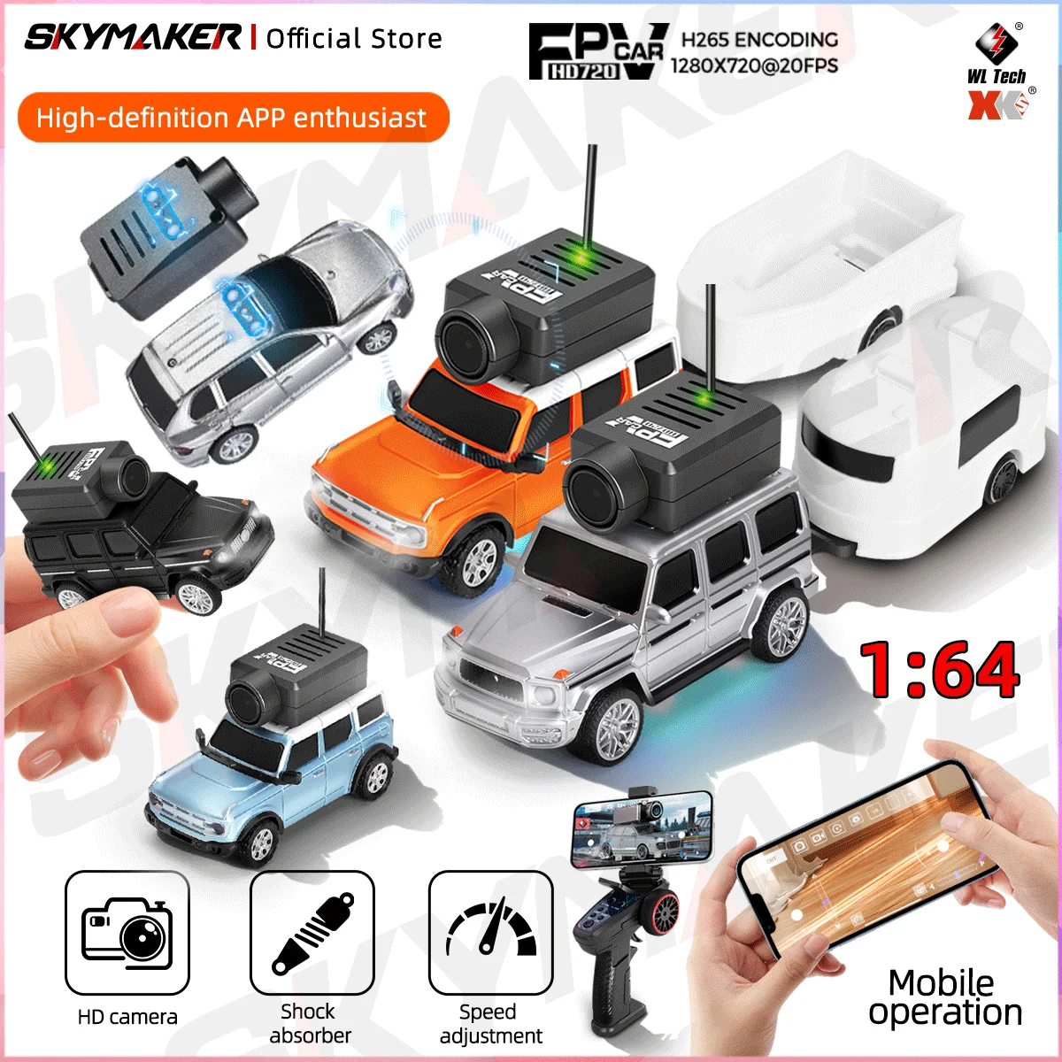 Wltoys Mini FPV APP Control Car 1:64 Mini Remote Control Camera Car 2.4GHz Led Ambient Lights Mini RC Car Toys for Boys Gift